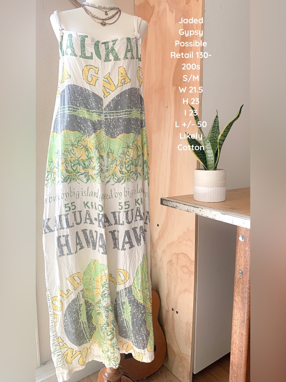 Jaded Gypsy -Inspired White Cotton Hawaiian Jumpsuit - Green & Yellow